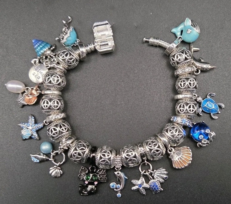 Ocean  Themed Sterling Charm Bracelet  13 Charms 12 Silverplate Spacer Beads Charms