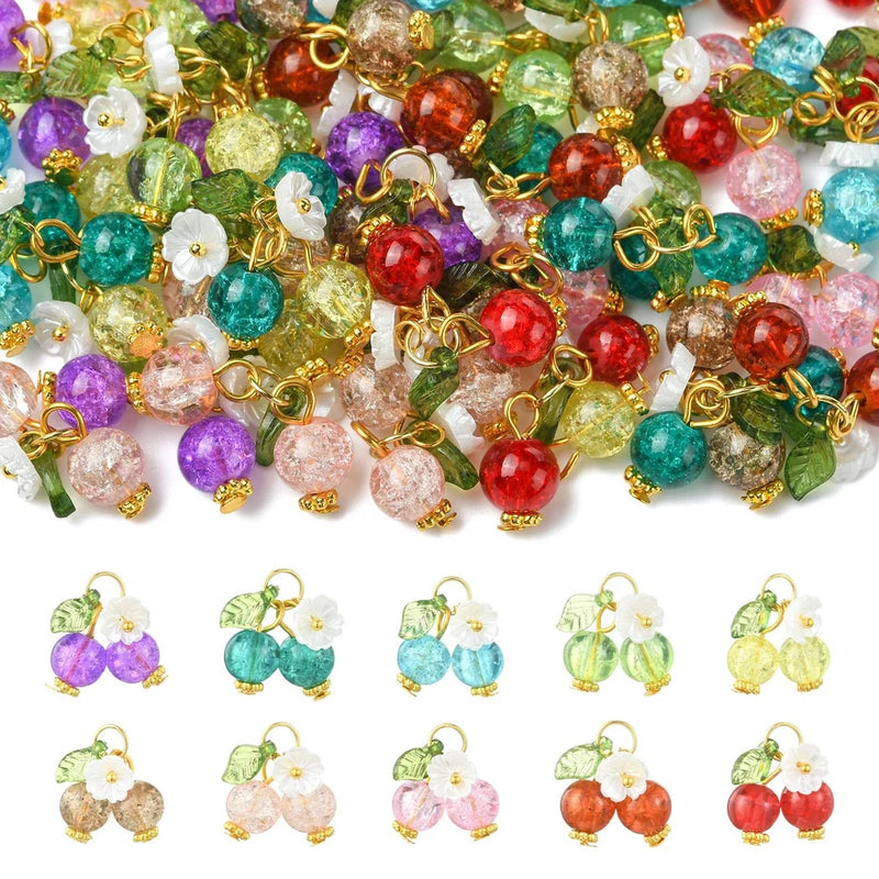 50pcs Glass Imitation Pearl Cherry Charms, 3D Cute Cherry Dangle Charms for DIY Charms