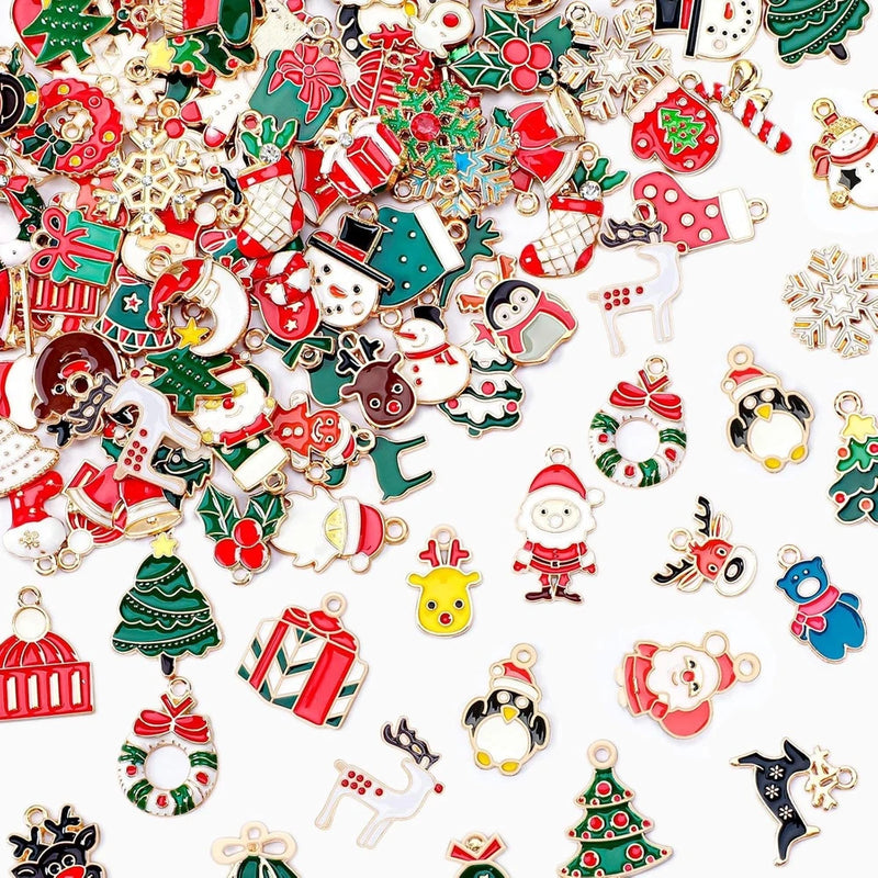 120 PCS Christmas Charms for Jewelry Making, Assorted Gold Enamel Snowman Elk Sa Charms