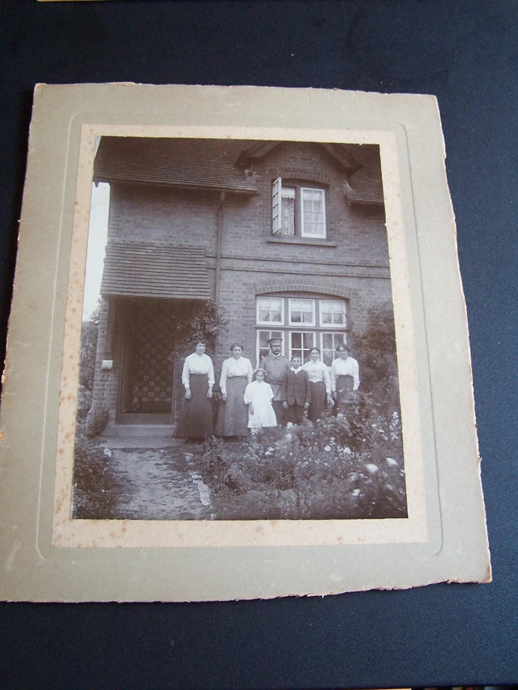 Military Soldier in Uniform & Family Outside House Vintage Large Photo on Board Model