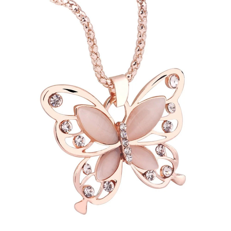 New Rose Color Butterfly Charm Pendant Chain Necklace Crystal Jewelry Charms