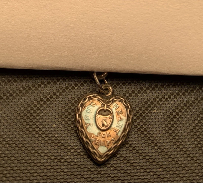 Vintage Sterling Silver Puffy Heart Charm ¡°your Heart For Keeps¡± Blue Enamel Charms