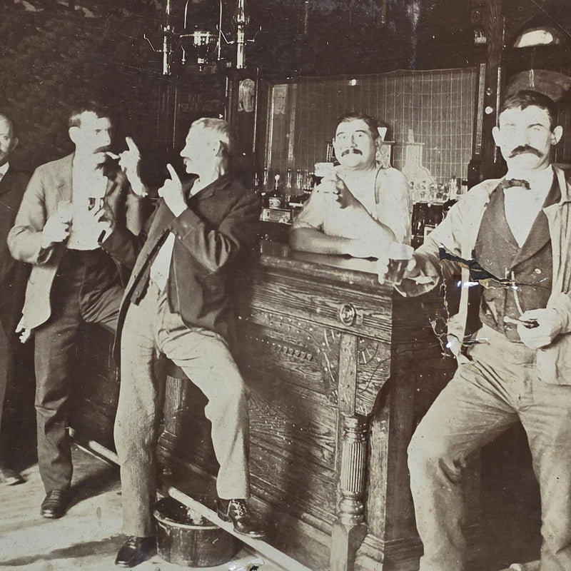 Antique 1890s Saloon Bar Interior Mounted Board Photo Men Drinking Beer Spittoon Model