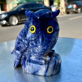 450G Blue Lace Agate Hand Carved Owl Crystal Healing Stone Figurine Decor Model