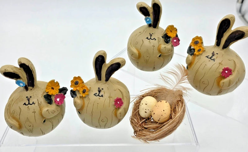 Easter Bunny Figurines Set of 4 with Nest & 2 Eggs Rustic Floral Spring Decor Model