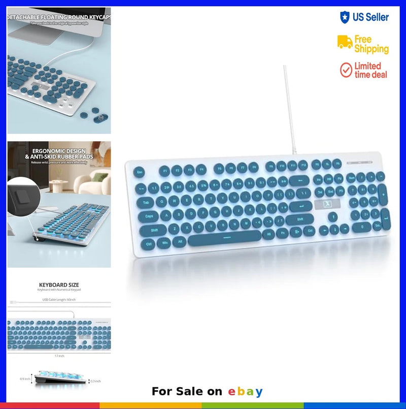 Retro Typewriter Keyboard 104 Keys USB Wired Membrane LED Backlit Blue Full Model
