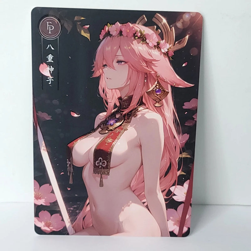 Yae Miko Pink Flowers FP Shiny Waifu Card Anime Wall Art Oversized Board A5 Model