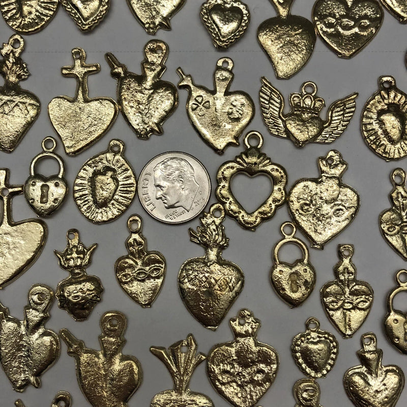 25 Milagro HEART Charms Mexican Folk Art GOLD All HEARTS Charm Lot Charms
