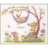 Vervaco counted cross stitch kit "Bunnies in the Garden", 45x37cm Model