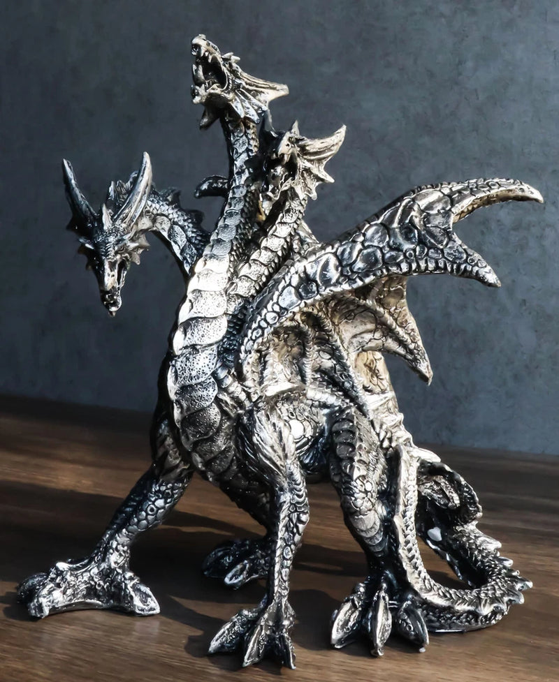 Gothic Silver Three Headed Dragon Hydra Roaring Statue 8" Tall Figurine Decor Model