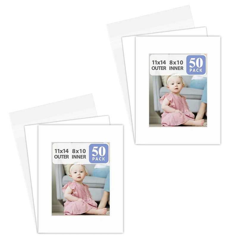 100 Pack 11x14 White Picture Mat Boards Fits 8x10 Acid-Free Backing + Clear Bags Model