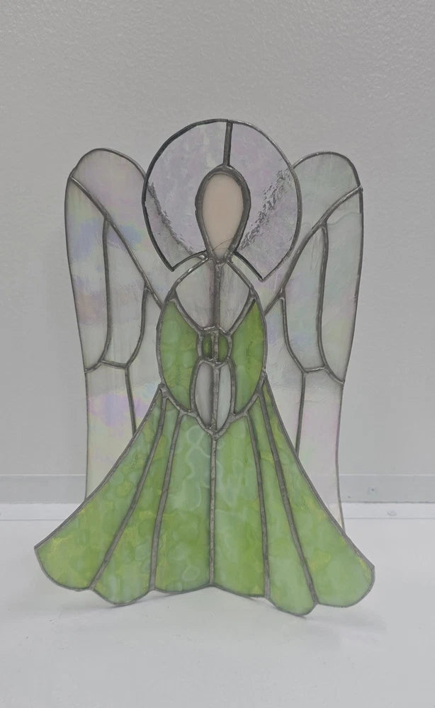 Stained Glass Angel Figurine Iridescent White Green Tabletop Suncatcher Decor Model