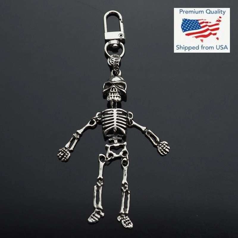 Vintage Silver Jointed Skeleton Bones Skull Charm Pendant Key Ring Clip Gift Charms