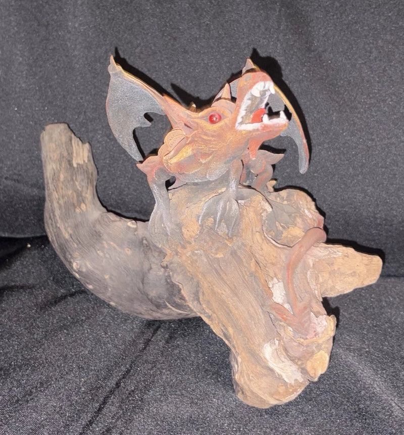 Fantasy Dragon Statue Figurine on Wooden Log Base Display Decor Model