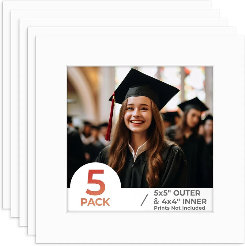 , 5 Pack 5X5 White Photo Mat, Square Matboard for 4X4 Pictures Model