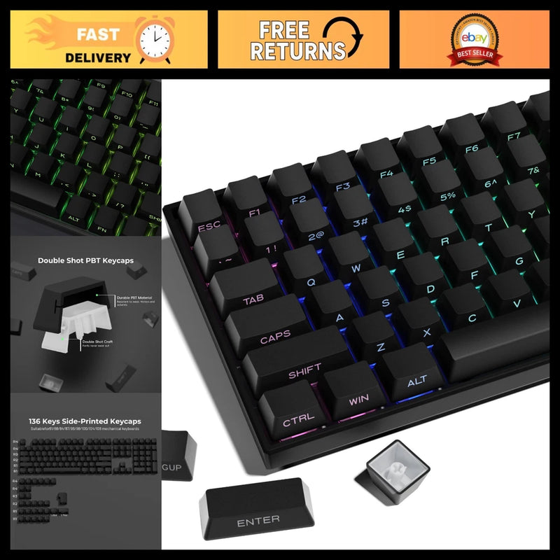 Custom PBT Keycaps Set - 136 Keys, Double Shot Shine Through, OEM Profile, Black Model