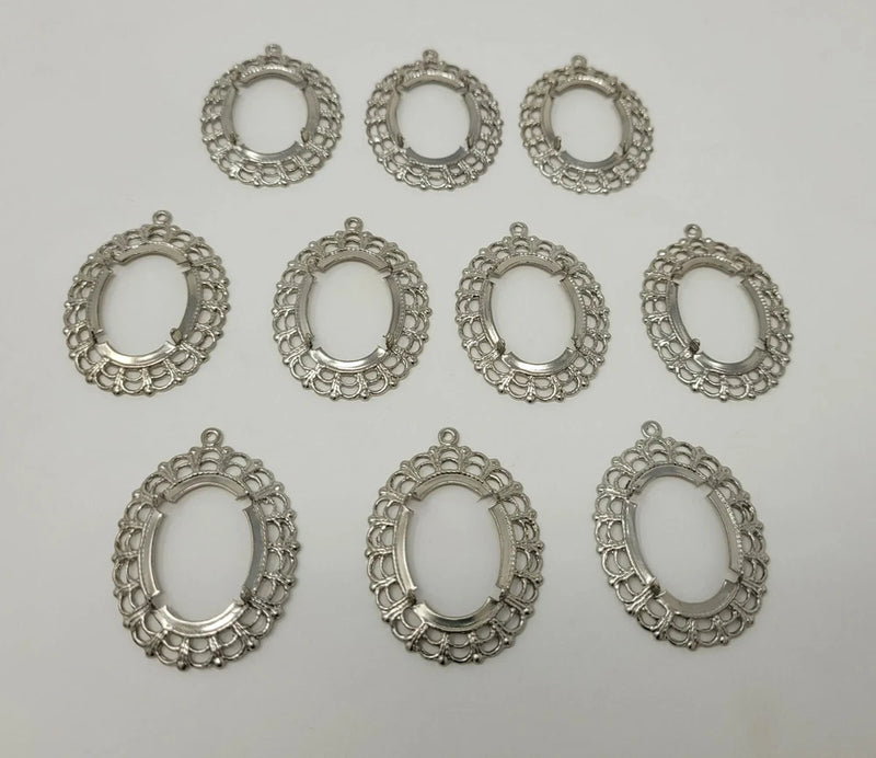 10 pcs Oval Frame Silver Lace Filigree Setting Craft Jewelry Necklace Cameos Charms