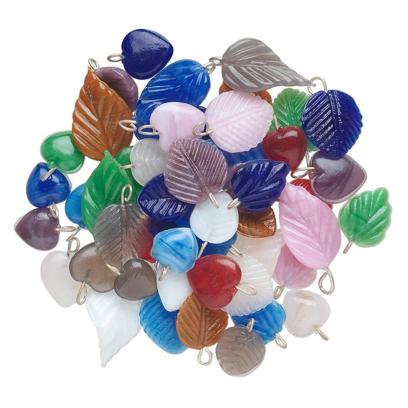 Drop Mix, Heart & Leaf Glass Multicolor Charms Pendant 50 Grams(50-60) Charms