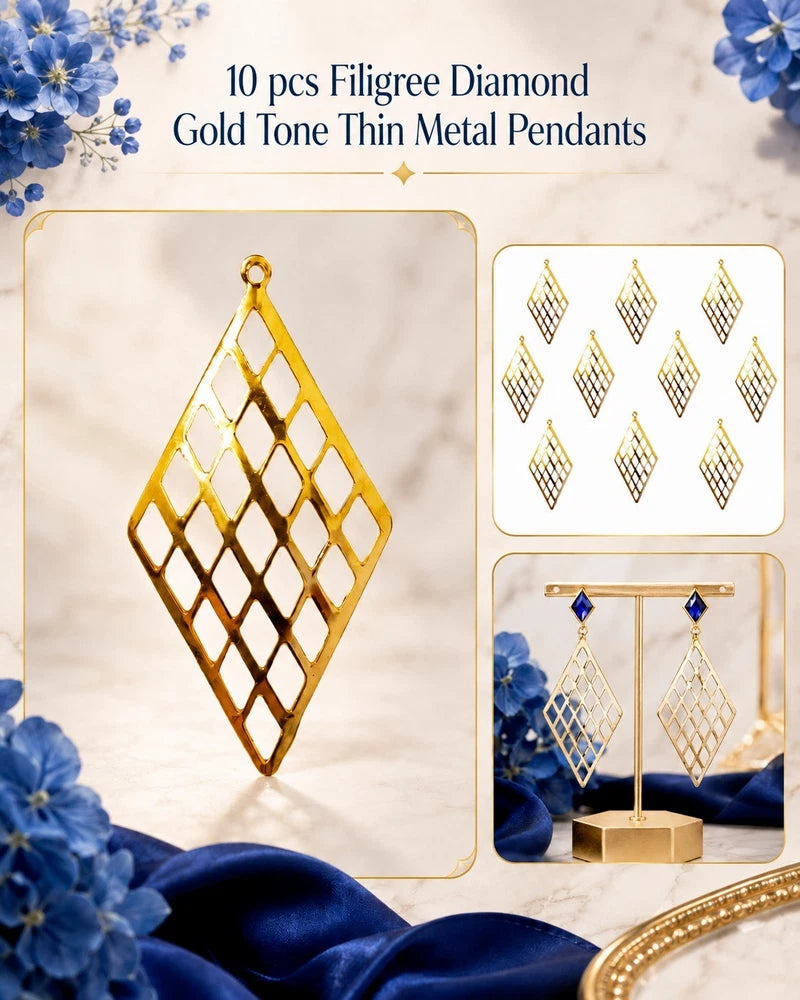 10 pcs Filigree Diamond Gold Tone Thin Metal Pendants Charms Crafts DIY Jewelry Charms