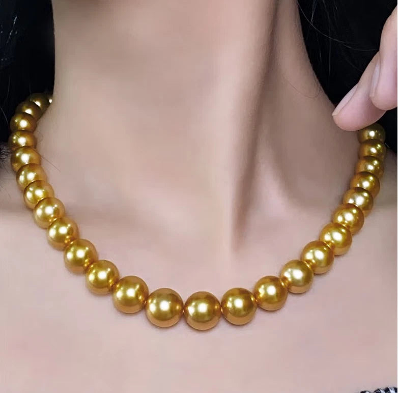 HUGE 18"11-12mm natural south sea genuine gold perfect round pearl necklace 14K Charms