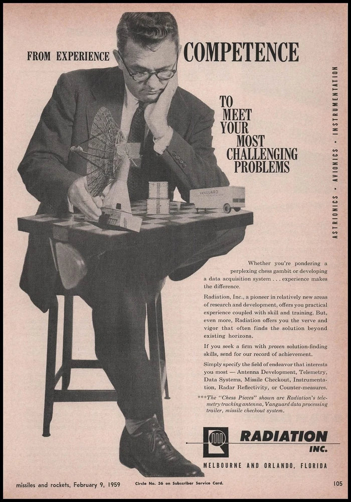 1959 Radiation Inc Melbourne Florida Photo Engineer Playing Chess Board Print Ad Model