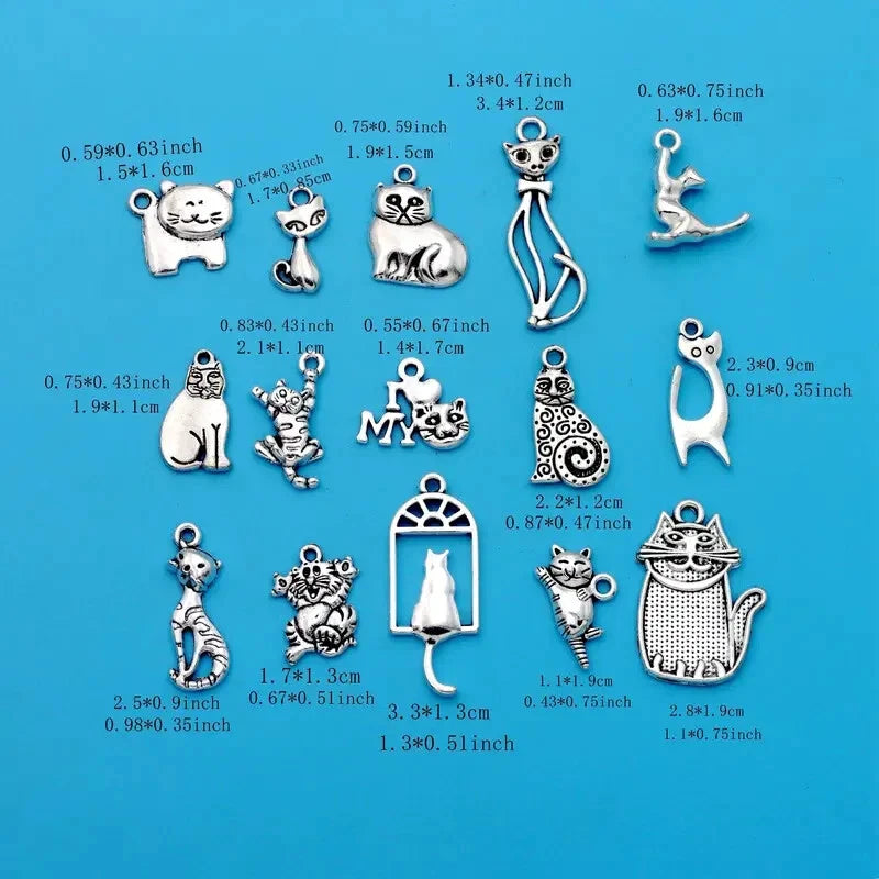 15 pcs Mix Cat Charms Handmade Craft Pendant Making Vintage Silver Color Charms