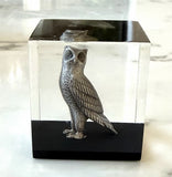 Vintage Miniature Pewter Owl Figurine Clear Acrylic Display Case 2 Inch Model