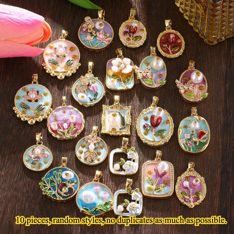 10Pcs Enamel Flower Pendant Set Vintage Style Jewelry Making DIY Necklace Lot Charms