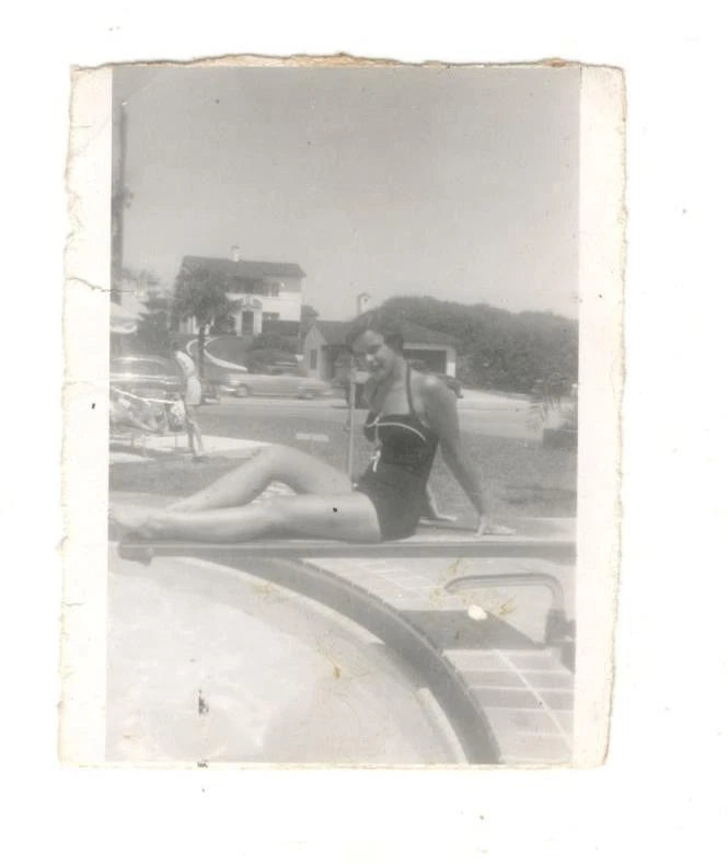 Vintage Photo Pretty Young Woman Swimsuit Pool Diving Board 50's Found Art R195B Model