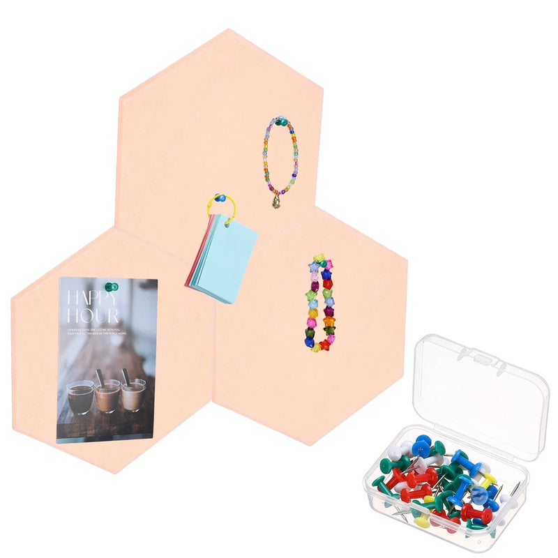 3Pcs Self Adhesive Hexagon Felt Cork Board Tiles with 30 Push Pins, Beige Model