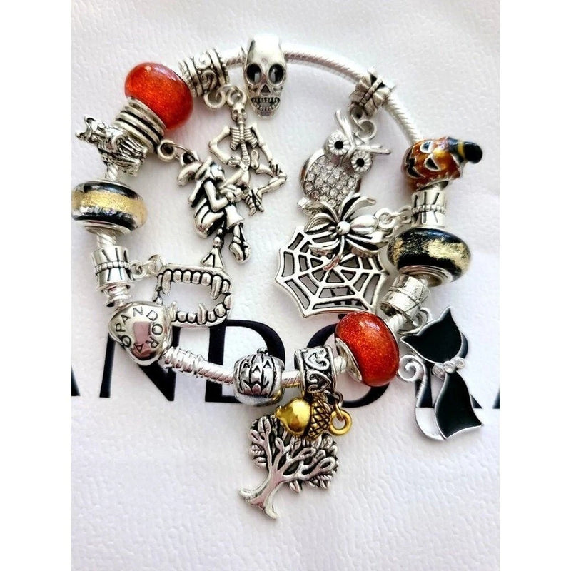 PANDORA HALLOWEEN GOTHIC Charm Bracelet .925 Sterling Silver Owl Skull Witch Cat Charms