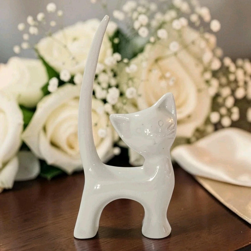 Creative Co-Op White Ceramic Cat Ring Holder Tail Up 5.5"T Excellent Condition Model