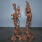 Wooden Carved Figure Wood Decorative Figurine Statue Set Pair Flying Apsara Model