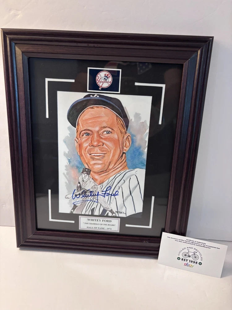 WHITEY FORD Signed 8x10 Blue Ink Hall Fame Chairman Of The Board Plaque Framed Model