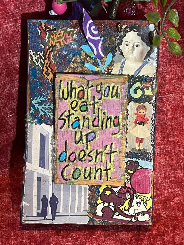 Vintage American Folk Art Assemblage Board Wood Diet Message Dieting Humor Quips Model