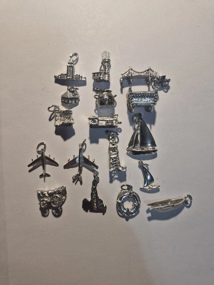 Lot of 17 925 Vintage Sterling Silver Charm Lot Of Charms Buildings Planes 39.1g Charms