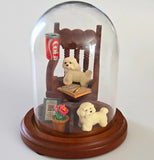 Bichon  Frise Figurine Glass Dome Display w/ Wood Base Diorama 4.5 in Model