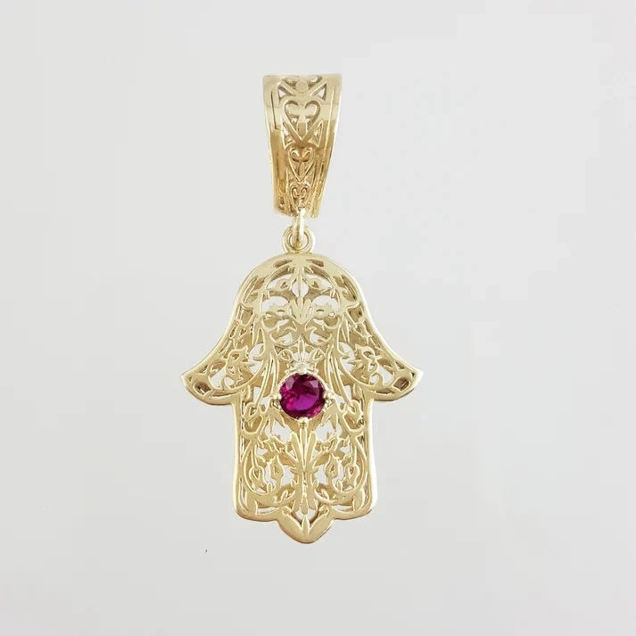 18K Gold Plated Bronze Hamsa Filigree Pendant Ruby Black Crystal Charms
