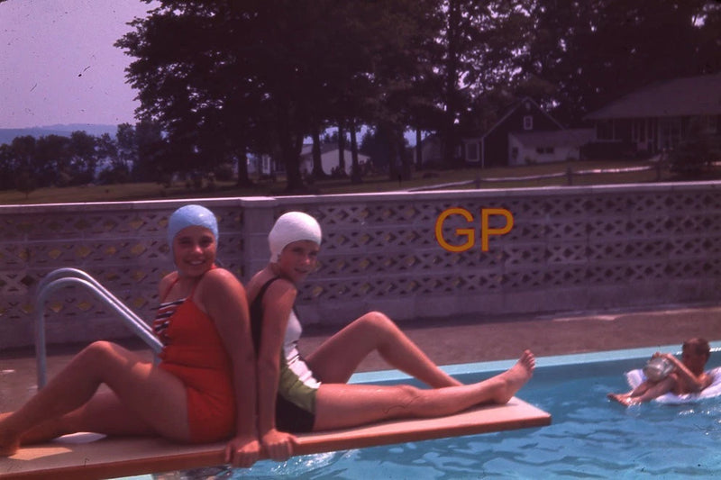#XX120-a Old 35mm Slide Photo- Girls on Diving Board- Pool - 1963 Model