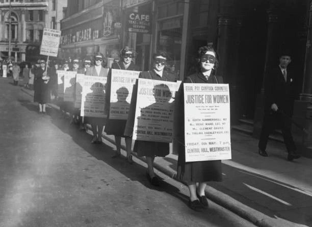 Masked women wearing sandwich boards during a poster parade advert- Old Photo Model