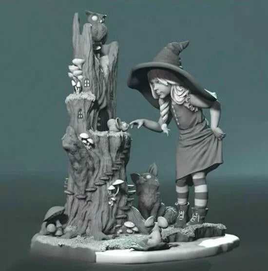 1/24 75mm Resin Figure Model Kit Fantasy Little Girl Tree House Mouse Unpainted Model
