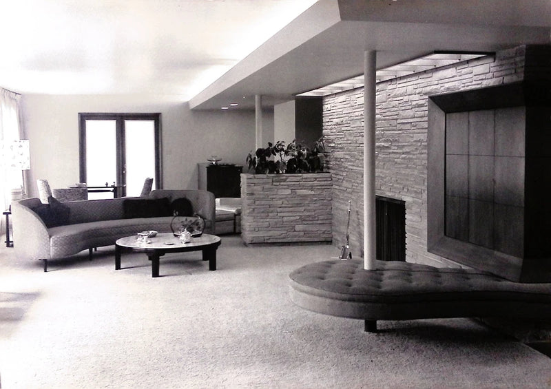 Vintage Art Board Photograph Mid Century Modern Living Room with Stone Fireplace Model