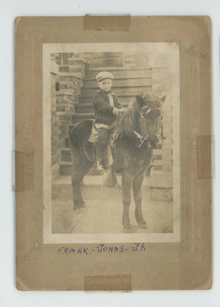 Vintage Antique Photo On Board Frank Jonas Jr. Rides Pony Cambridge MA 1900 Model