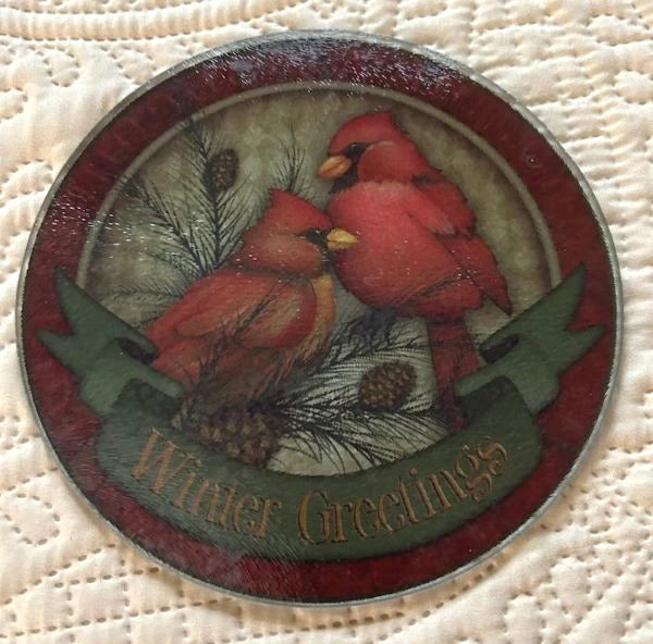 Christmas Cardinal Cutting Board/Trivet  Glass is textured, picture is glaring. Model