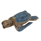Sea Turtle Statue Hand Carved Wood Blue Coastal Decor 12in Tabletop Art Model