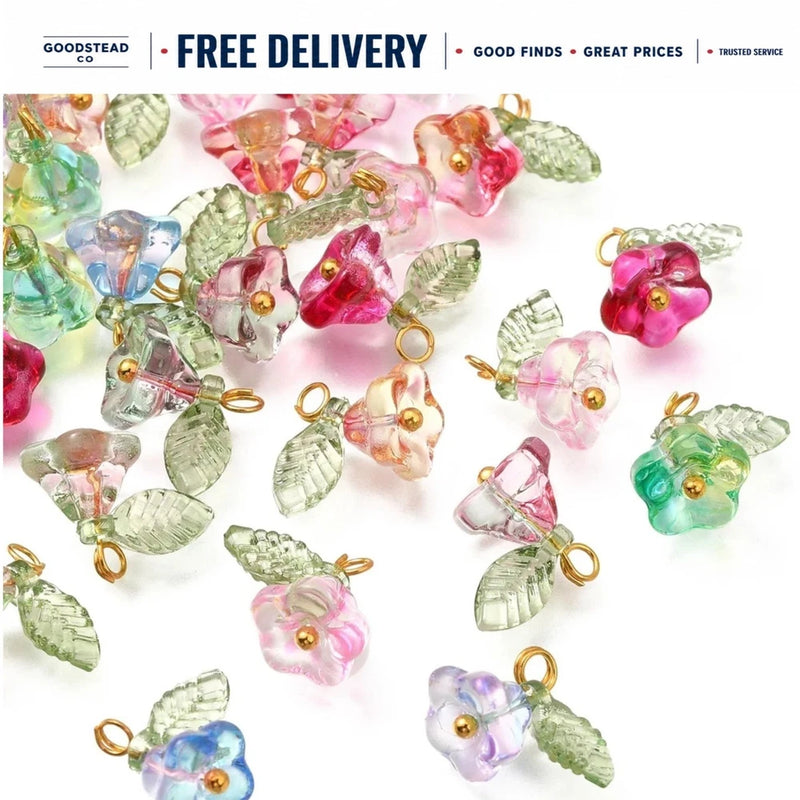30Pc Glass Flower Charms Gold Brass Pendants for DIY Jewelry Making Charms