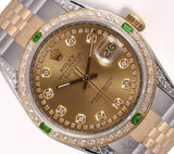 Rolex Men Datejust 36mm Champagne String Dial-18k Emerald Diamond Bezel & Lug Model