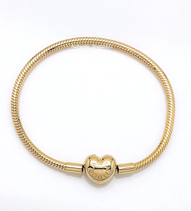 New 100% PANDORA 14k Gold Plated Charm Bracelet with Heart Clasp 563050C00 Charms