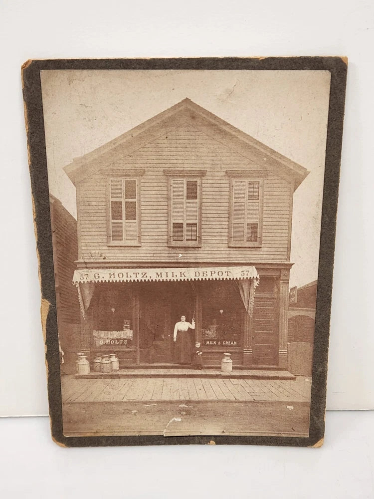 PHOTO ON BOARD Woman Outside G Holtz Milk Depot Dairy Store Antique Cabinet Card Model
