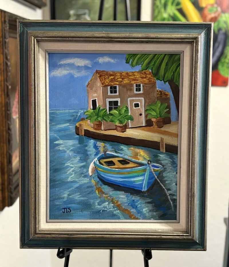 Waterscape Boat Painting Hand Painted Signed Fine Art Vintage Frame 11x14 Model